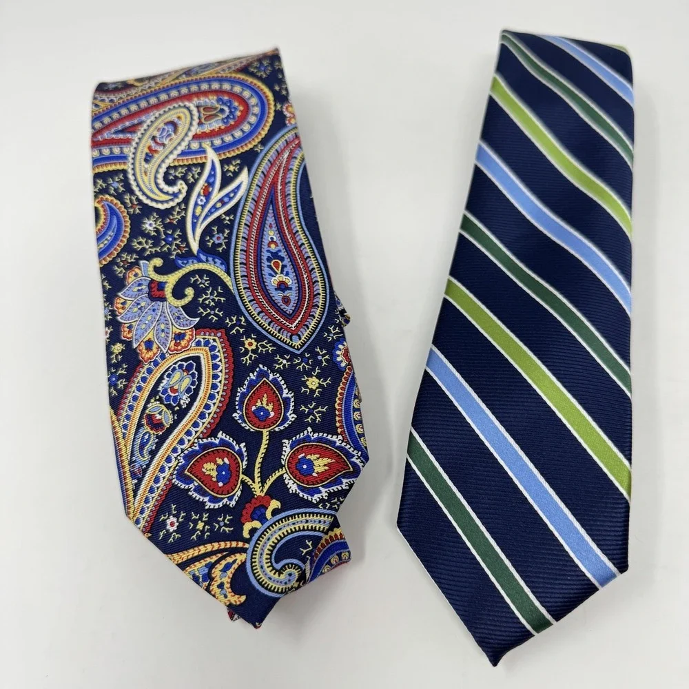 Chaps Neckties Mens Navy Paisley Silk + Navy Green Stripe Polyester Lot of 2‎